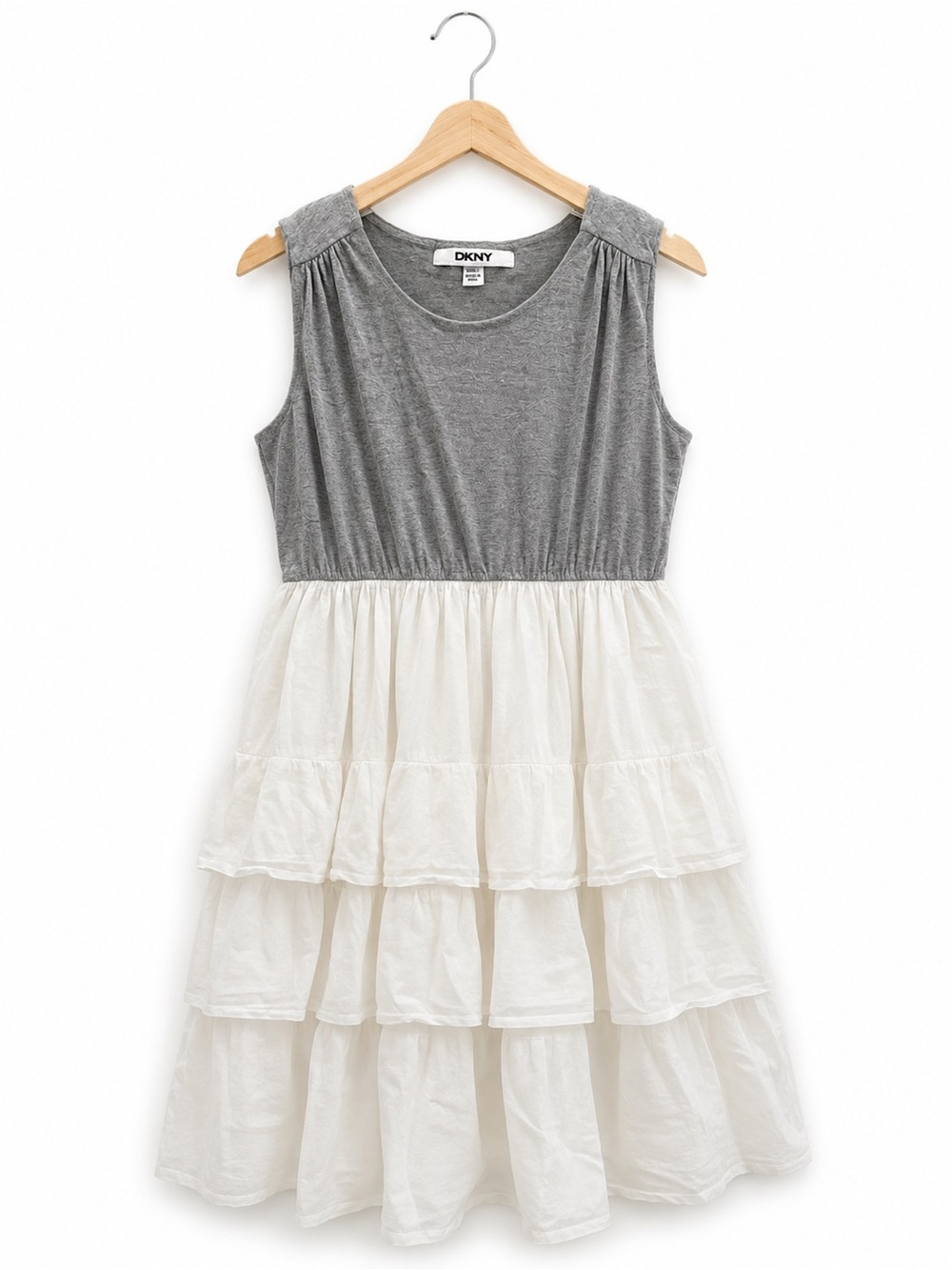 DKNY Girls Grey White Mixed Media Tiered Ruffle Dress Sleeveless Size Small